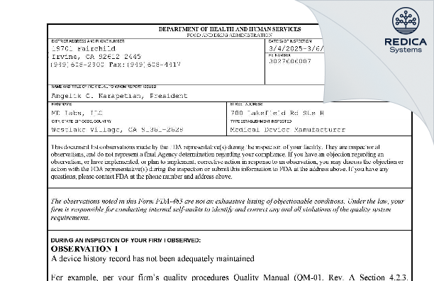 FDA 483 - MD LABS, LLC [Westlake Village / United States of America] - Download PDF - Redica Systems