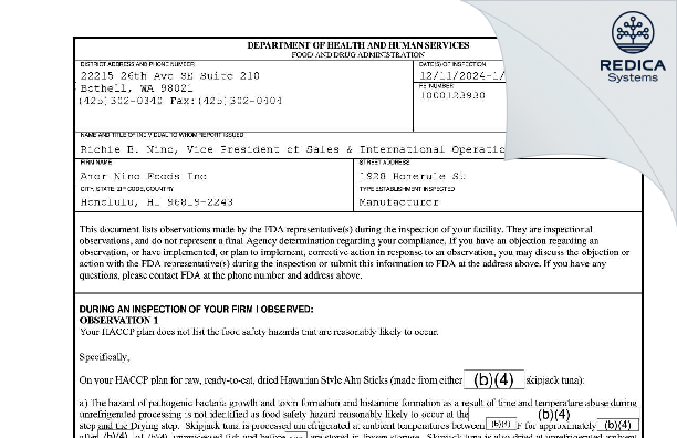 FDA 483 - Amor Nino Foods Inc [Honolulu / United States of America] - Download PDF - Redica Systems