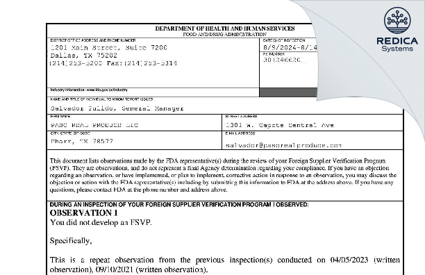 FDA 483 - PASO REAL PRODUCE LLC [Pharr / United States of America] - Download PDF - Redica Systems