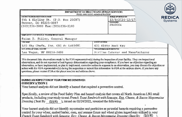 FDA 483 - LSG Sky Chefs, Inc. [Las Vegas / United States of America] - Download PDF - Redica Systems
