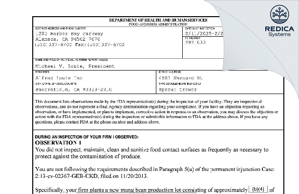 FDA 483 - Alfred Louie Inc [Bakersfield / United States of America] - Download PDF - Redica Systems