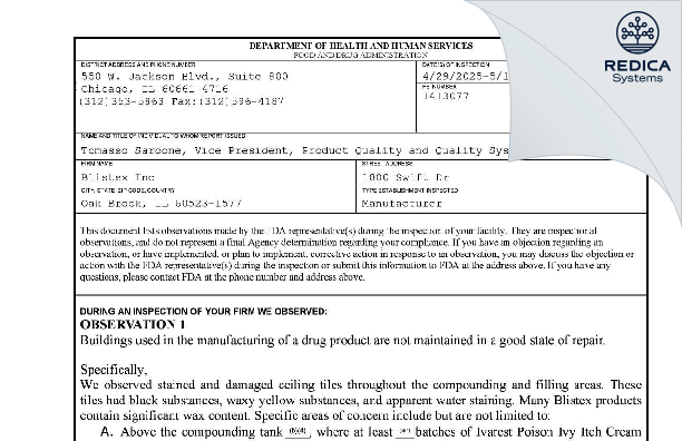 FDA 483 - Blistex Inc. [Oak Brook / United States of America] - Download PDF - Redica Systems