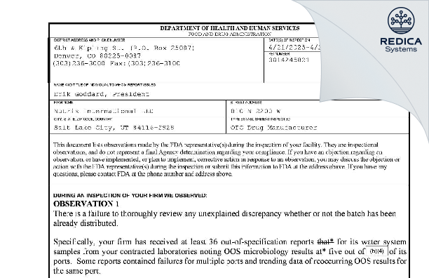 FDA 483 - Nutrix International, LLC. [Salt Lake City / United States of America] - Download PDF - Redica Systems