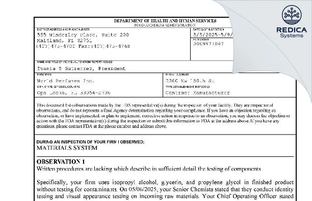 FDA 483 - World Perfumes Inc [Opa Locka / United States of America] - Download PDF - Redica Systems