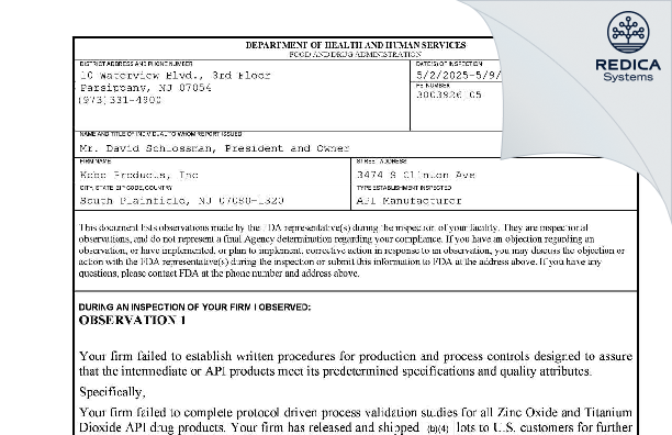 FDA 483 - Kobo Products, Inc [South Plainfield / United States of America] - Download PDF - Redica Systems