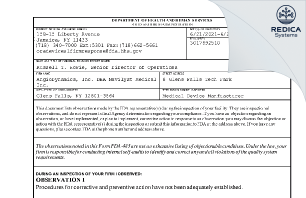 FDA 483 - AngioDynamics, Inc. DBA Navilyst Medical Inc. [Glens Falls / United States of America] - Download PDF - Redica Systems