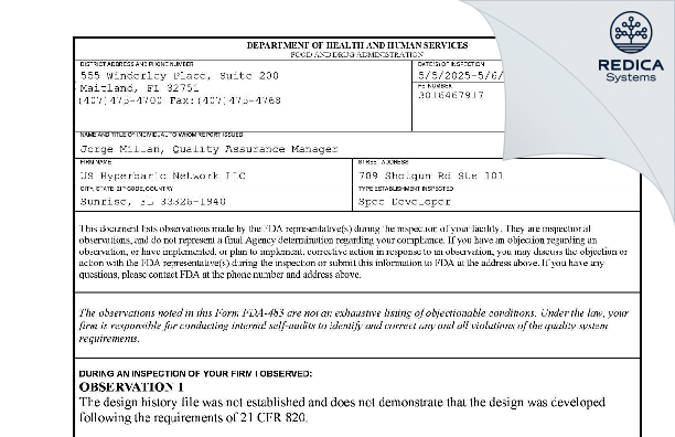 FDA 483 - US HYPERBARIC NETWORK LLC [Sunrise / United States of America] - Download PDF - Redica Systems