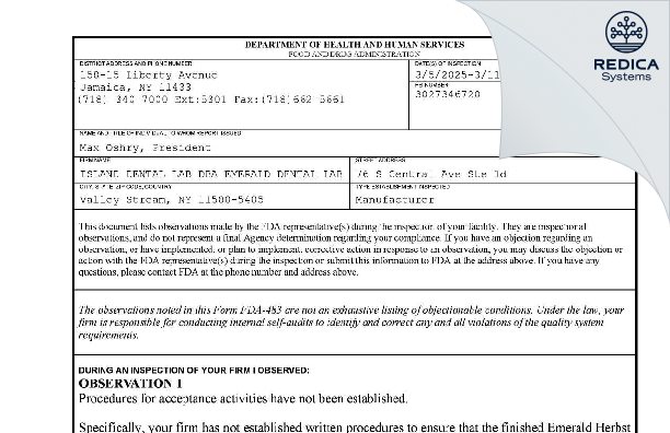 FDA 483 - ISLAND DENTAL LAB DBA EMERALD DENTAL LAB [Valley Stream / United States of America] - Download PDF - Redica Systems