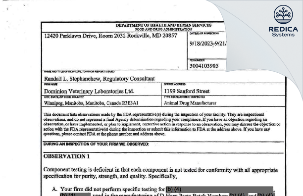 FDA 483 - DOMINION VETERINARY LABORATORIES LTD. [Winnipeg / Canada] - Download PDF - Redica Systems