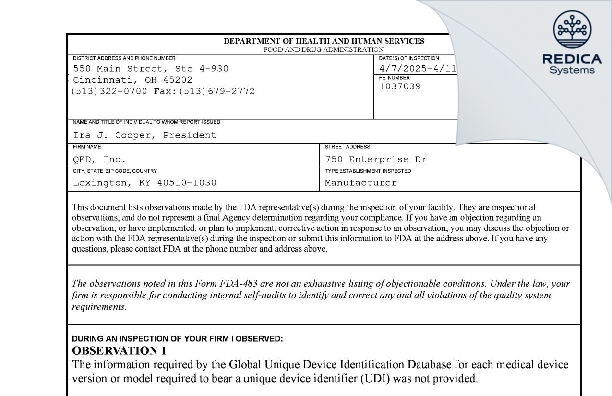 FDA 483 - QED, Inc. [Lexington / United States of America] - Download PDF - Redica Systems