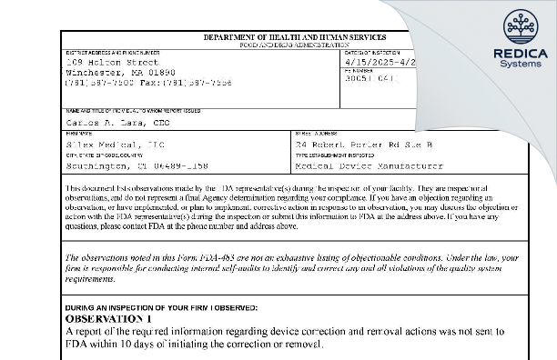 FDA 483 - Silex Medical, LLC [Southington / United States of America] - Download PDF - Redica Systems