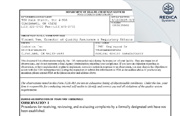 FDA 483 - Codonics Inc [Cleveland / United States of America] - Download PDF - Redica Systems