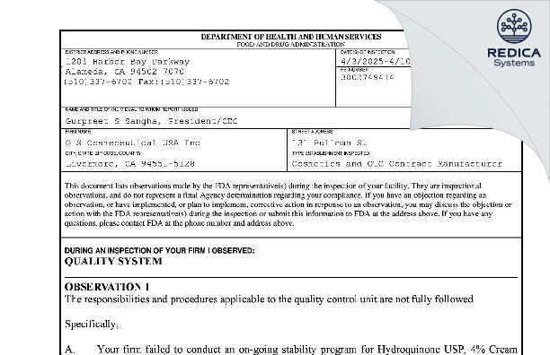 FDA 483 - G.S. COSMECEUTICAL USA, INC. [Livermore / United States of America] - Download PDF - Redica Systems