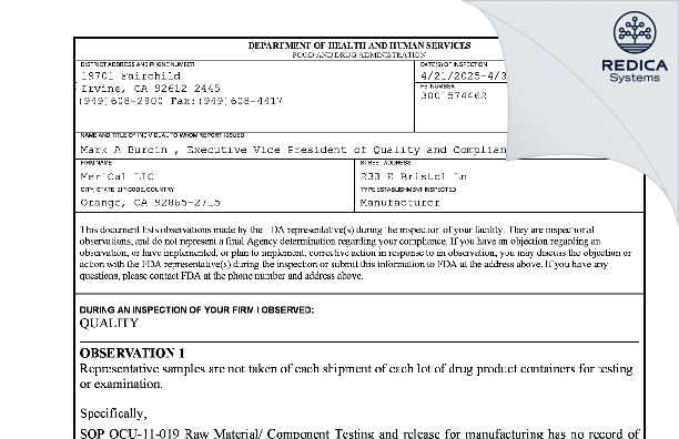 FDA 483 - MeriCal LLC [Orange / United States of America] - Download PDF - Redica Systems