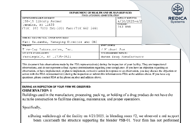 FDA 483 - TIME CAP LABORATORIES, INC [Farmingdale / United States of America] - Download PDF - Redica Systems