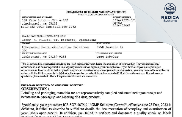 FDA 483 - Integrated Commercialization Solutions, LLC [Lockbourne / United States of America] - Download PDF - Redica Systems