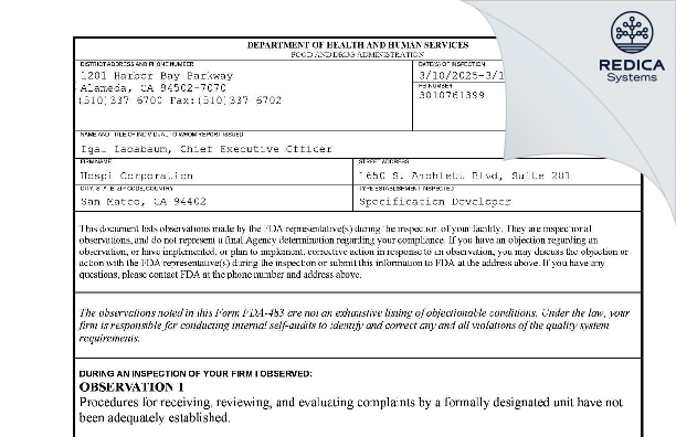 FDA 483 - Hospi Corporation [Newark / United States of America] - Download PDF - Redica Systems