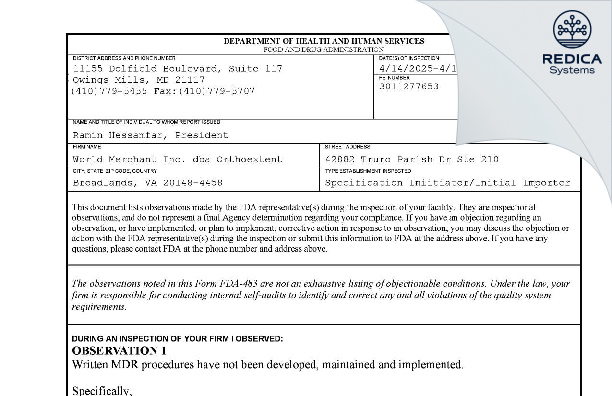 FDA 483 - World Merchant Inc. dba Orthoextent [Broadlands / United States of America] - Download PDF - Redica Systems