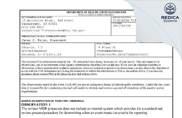 FDA 483 - GSOURCE, LLC. [Emerson / United States of America] - Download PDF - Redica Systems