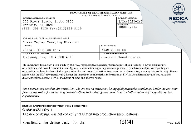 FDA 483 - GLOBAL PLASTICS, INC. [Indianapolis / United States of America] - Download PDF - Redica Systems