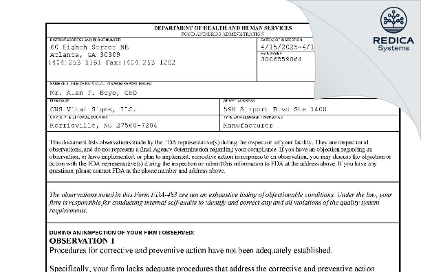 FDA 483 - CNS VITAL SIGNS [Morrisville / United States of America] - Download PDF - Redica Systems
