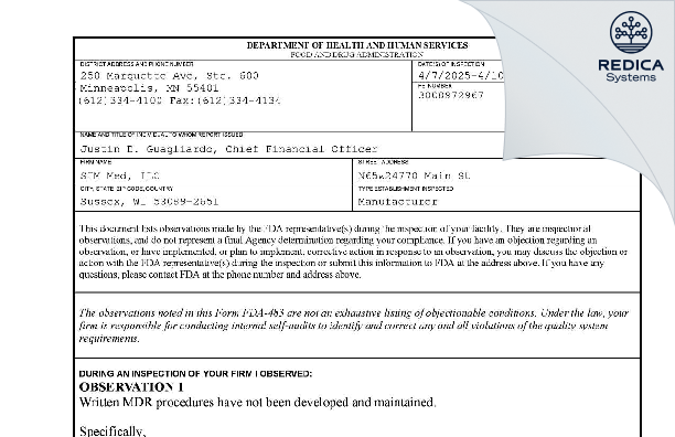 FDA 483 - SUSSEX IM [Sussex / United States of America] - Download PDF - Redica Systems