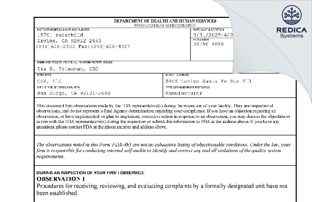 FDA 483 - CGX, LLC [San Diego / United States of America] - Download PDF - Redica Systems