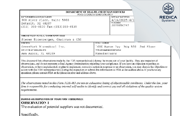 FDA 483 - GreenMark Biomedical Lab [Ann Arbor / United States of America] - Download PDF - Redica Systems