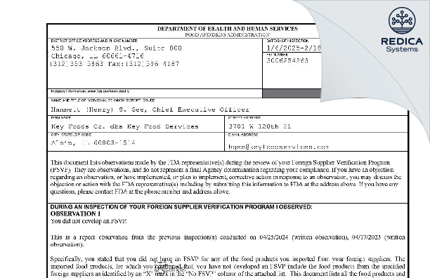 FDA 483 - Key Foods Co. dba Key Food Services [Alsip / United States of America] - Download PDF - Redica Systems