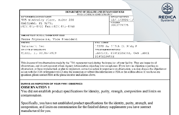 FDA 483 - Naturavit Inc [Miami / United States of America] - Download PDF - Redica Systems