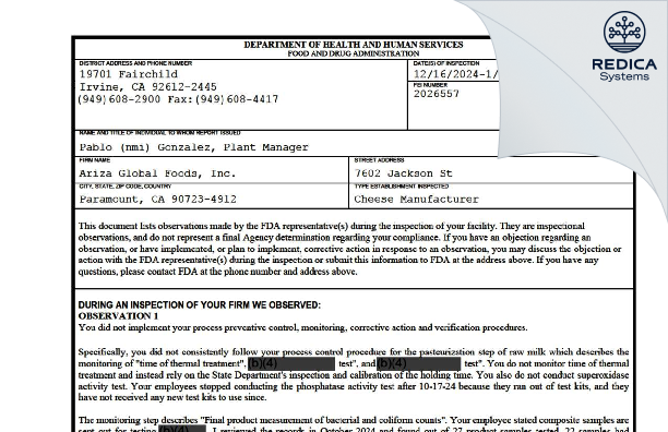FDA 483 - Ariza Global Foods, Inc. [Paramount / United States of America] - Download PDF - Redica Systems