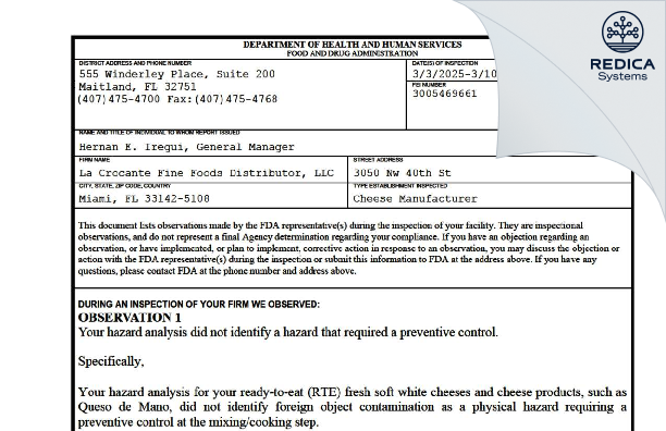 FDA 483 - La Crocante Fine Foods Distributor, LLC [Miami / United States of America] - Download PDF - Redica Systems