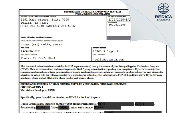 FDA 483 - ZACANTA LLC [Pharr / United States of America] - Download PDF - Redica Systems