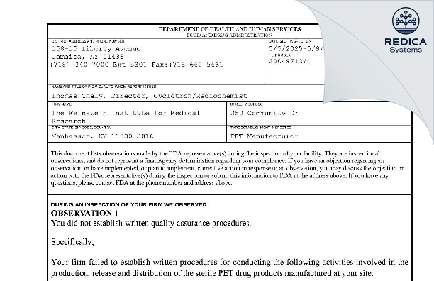 FDA 483 - The Feinstein Institutes for Medical Research [Manhasset / United States of America] - Download PDF - Redica Systems