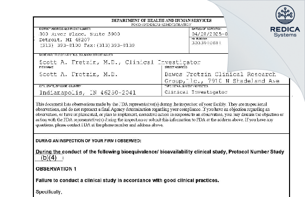 FDA 483 - Scott A. Fretzin, M.D. [Indianapolis / United States of America] - Download PDF - Redica Systems