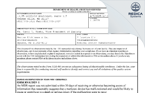 FDA 483 - Becton Dickinson & Co. [Sparks Glencoe / United States of America] - Download PDF - Redica Systems