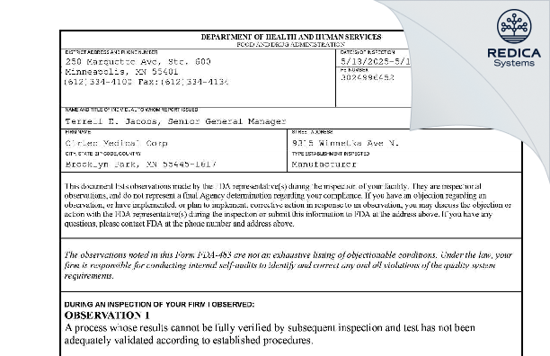 FDA 483 - Cirtec Medical Corp [Minneapolis / United States of America] - Download PDF - Redica Systems
