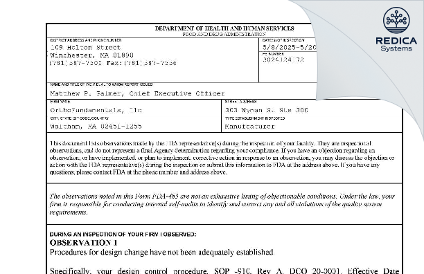 FDA 483 - ORTHOFUNDAMENTALS, LLC [Waltham / United States of America] - Download PDF - Redica Systems