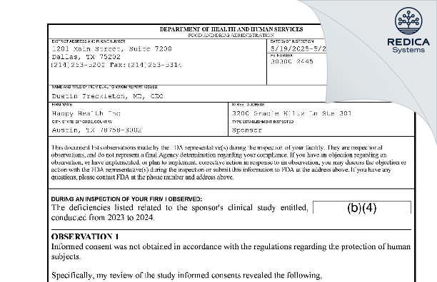 FDA 483 - Happy Health Inc [Austin / United States of America] - Download PDF - Redica Systems