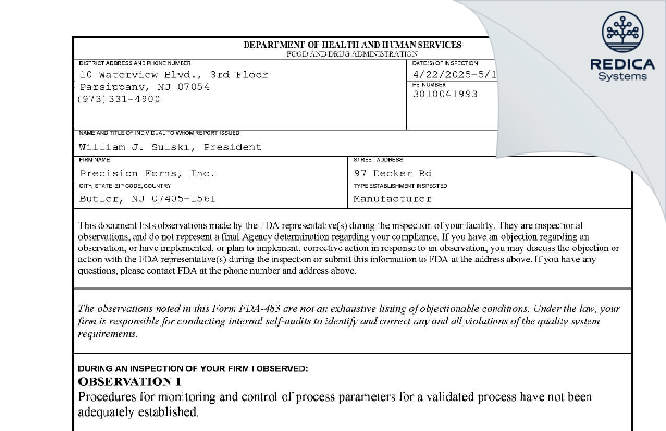 FDA 483 - Precision Forms, Inc. [Butler / United States of America] - Download PDF - Redica Systems