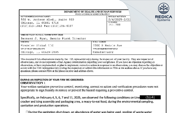 FDA 483 - Mondelez Global LLC [Chicago / United States of America] - Download PDF - Redica Systems