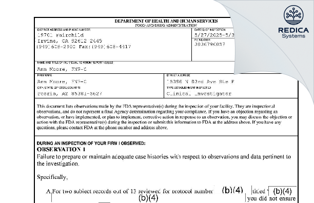 FDA 483 - Ann Moore, FNP-C [Peoria / United States of America] - Download PDF - Redica Systems