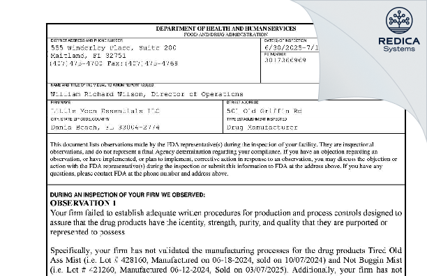 FDA 483 - Little Moon Essentials [Dania / United States of America] - Download PDF - Redica Systems