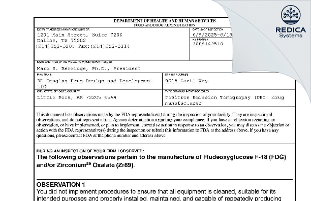 FDA 483 - 3D Imaging Drug Design and Development [Little Rock / United States of America] - Download PDF - Redica Systems
