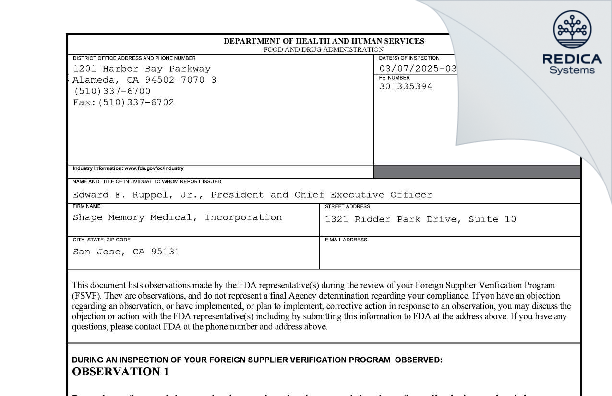 FDA 483 - Shape Memory Medical, Incorporation [San Jose / United States of America] - Download PDF - Redica Systems
