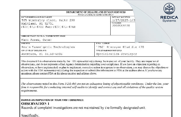 FDA 483 - Brain Tunnelgenix Technologies Corporation [Aventura / United States of America] - Download PDF - Redica Systems