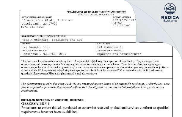 FDA 483 - MKJ BRANDS LLC [Hackensack / United States of America] - Download PDF - Redica Systems