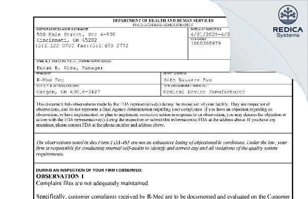 FDA 483 - R-Med Inc [Oregon / United States of America] - Download PDF - Redica Systems