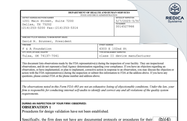FDA 483 - F & A FOUNDATION [Tulsa / United States of America] - Download PDF - Redica Systems