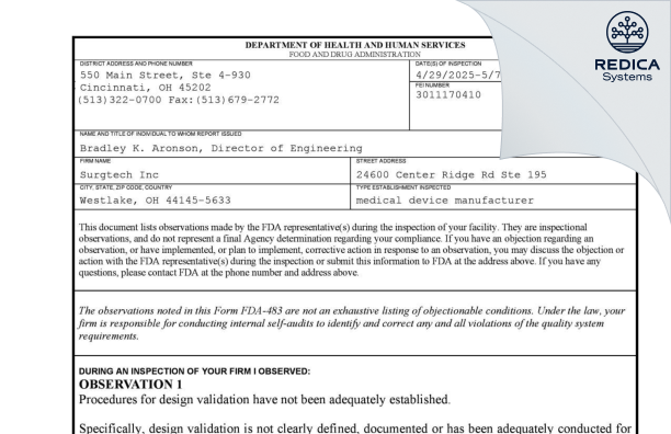 FDA 483 - SURGTECH, INC. [Westlake / United States of America] - Download PDF - Redica Systems